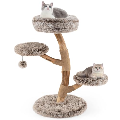 COSTWAY 90cm Kratzbaum Holz, Katzenbaum mit Kratzpfosten aus Massivholz und Jute, 4 Plüschsitzflächen & Ball, Katzenturm Katzenmöbel, Katzenkratzbaum Kletterbaum Katzen, Braun