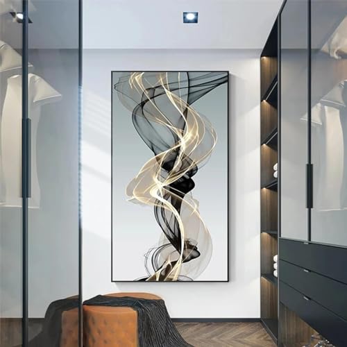 Peinture murale abstraite nordique lignes jaunes noires affiche toile grand format salon