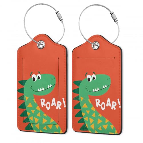 2 Pack Luggage Tags,Leather Suitcase Tags with Privacy Cover Name Address Labels& Durable Steel Loop for Men/Women Travel Bag Suitcases(Cute Cartoon Dinosaur)