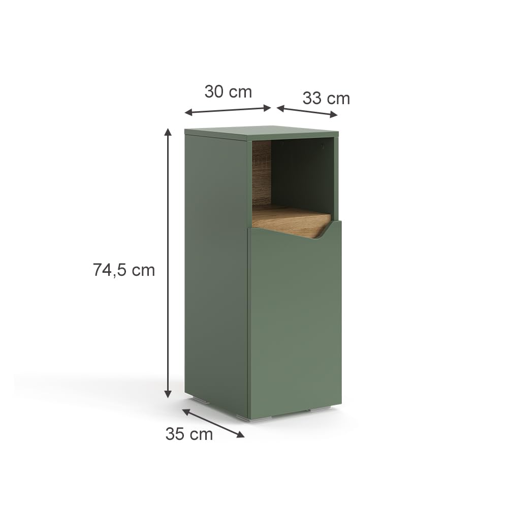 Vicco Mueble Midi Marelle, Verde/Artesano, 30 x 74.5 cm | con puerta y compartimento abierto, para guardar artículos de baño y toallas