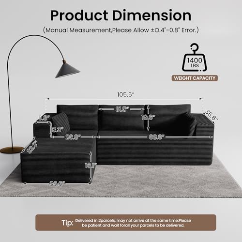 Image of 106 inch Cloud Sectional Boneless Couches for Living Room, Modular L Shaped Couch with Deep Seat Oversized Left Facing Chaise, Memory Foam Compressed Spineless 3 Seater Sofa for Bedroom Apartment, Black