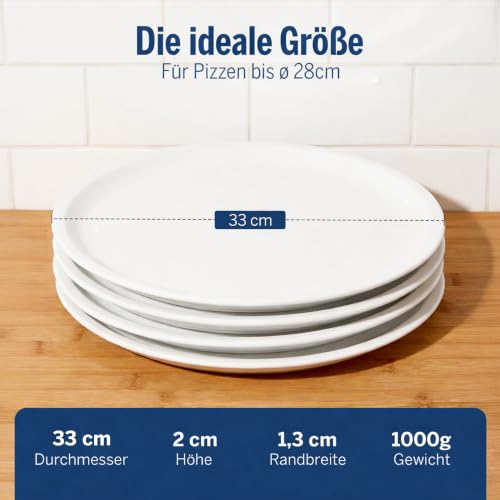 Van Well italienischer Pizzateller groß ø 33cm weiß – Porzellan XL Teller für Pizza & Pasta – Mikrowellen geeignet, spülmaschinenfest… – Ansicht 5
