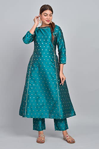 Image of Riara Art Silk Women Long Anarkali Kurti with Pant Polka Dot A-line Ladies Ethnic Wear Dress