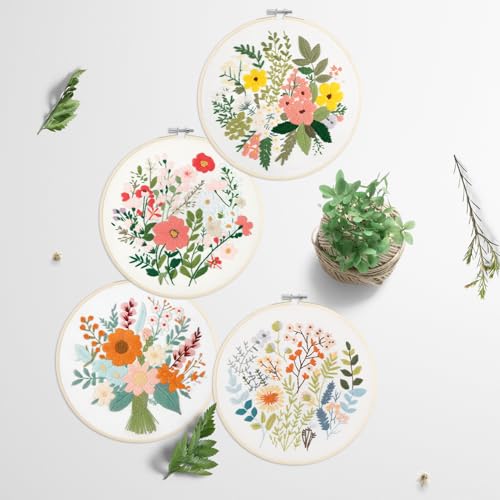 Image of SevFan 4 Sets Embroidery Kit for Beginners Adults,Needlepoint Kits for Adults with Easy Stamped Floral Pattern Fabric Hand Crafts,Bamboo Hoop,Needle,Cloth,Embroidery Kit for Decor Home Room(Flower-8)