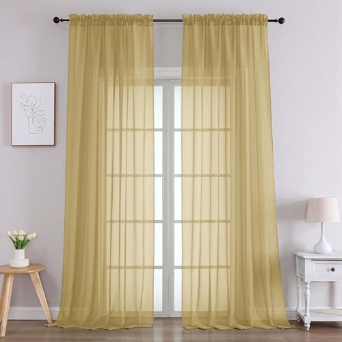 Image of Chyhomenyc Gold Sheer Curtains 96 Inches Long 2 Panels, Light Filtering Gold Curtains for Living Room, Soft Gentle Voile Rod Pocket Bedroom Window Drapes, 59Wx96L Inch, 2PCS