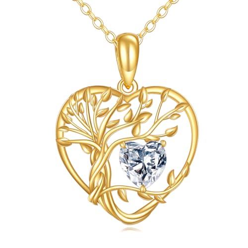 KECHO 14K Solid Gold Tree of Life Necklace Yellow Gold Heart Crystal Pendant 14K Real Gold Jewelry Gifts for Women