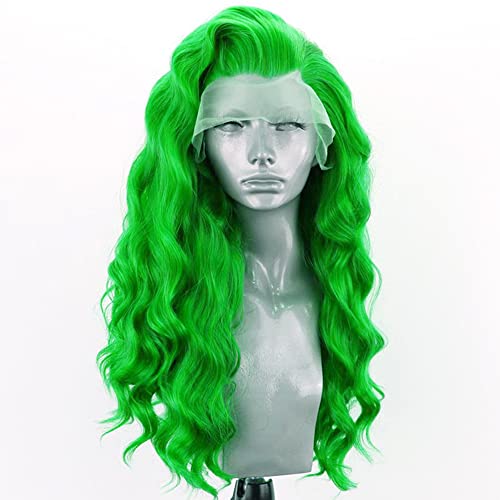 RDY Green Long Wavy Synthetic Lace Front Wigs for Women with Free Part Pre Plucked Body Wave Wig Heat Friendly Fiber Hair Halloween Costume Cosplay Wig(150% Density,24Inch)