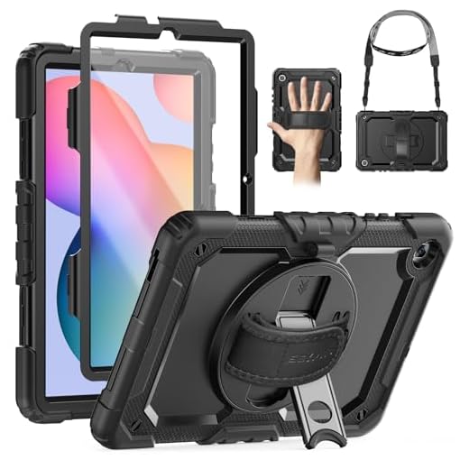 SEYMAC Fodral för Samsung Galaxy Tab S6 Lite 10,4 tum modell 2020, stötsäkert fodral med 360 graders vridbar stativ/handrem [axelrem och integrerat skärmskydd] för S6 liter, svart