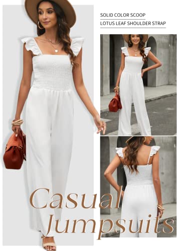 Blencot Womens Ruffle Spaghetti Straps High Waisted Long Wide Leg Jumpsuits Loose Sleeveless Rompers White Small #TOP1