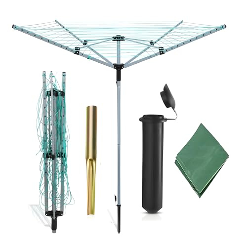 JYZ 60M Rotary Washing Line Heavy Duty 4 Arm Rotary Clothes Airer Outdoor Portable Garden Clothes Dryer with Ground Spike & Cover Folding Umbrella Rotary Clothes Dryer Rack Large Rotary Airers