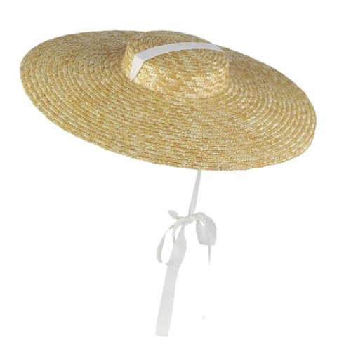Sombrero de Paja Natural Hecho a Mano para Mujer, Sombrero para el Sol de Playa de ala Ancha, Elegante, con Parte Superior Plana, Cinta Larga, Sombrero para el Sol (11239ribbon Hat