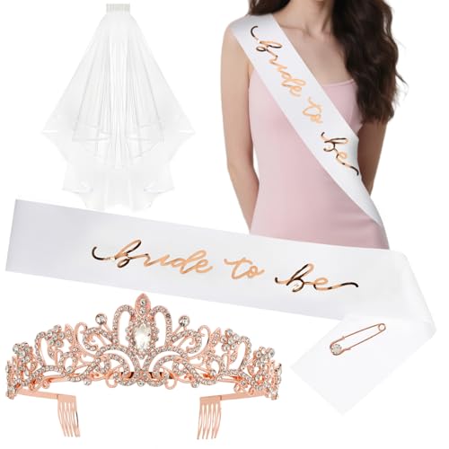 TIOSRU Bride to Be Sash + Bride Veil + ���[�Y�S�[���h�N���E���Z�b�g �Ɛg�p�[�e�B�[�f�R���[�V���� �u���C�_���V�����[�M�t�g
