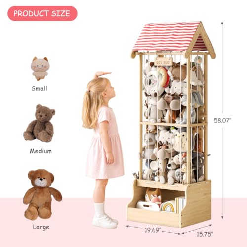 Image of Stuffed Animal Storage, Wooden Stuffed Animal Zoo with Toy Box and Triangular Ceilings, Vertical Stuffed Animal Holder with Thicker Elastic Band, Plushies Storage for Playroom, Nursery, Bedroom