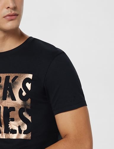 Image of Jack & Jones Men's Typography Printed Round Neck Short Sleeves Cotton Slim Fit Letter Print T-Shirt
