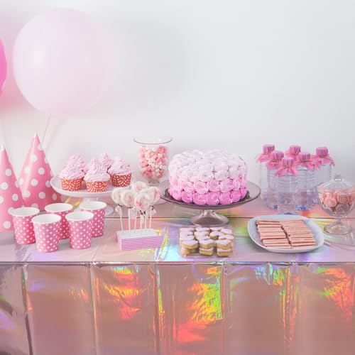 Image of 3 Pack Rose Gold Plastic Tablecloth, Disposable Rectangle Table Covers, Holographic Metallic Foil Tablecloth Pink Party Supplies Decorations for Birthday Wedding Anniversary Bridal Shower, 54x108Inch