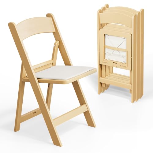 VINGLI Resin Folding Chairs with Cushion, Foldable Plastic Chair with Comfortable Padded Seats, Perfect for Event Party Indoor Outdoor, Natural, 4 PC