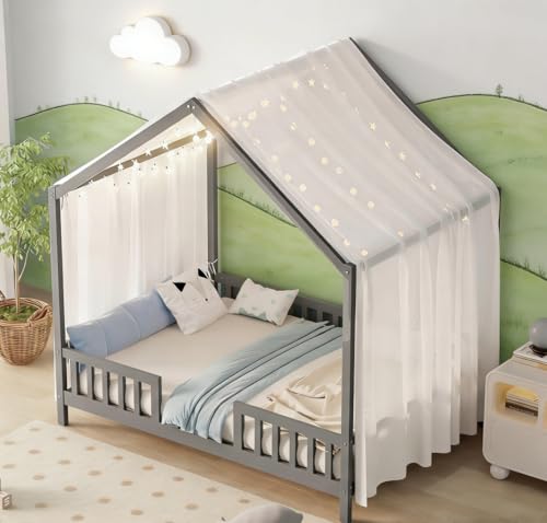 Image of Bellemave Full House BedFrame with Canopy, Montessori Floor Bed, House Bed with Rails for Kids, Gray