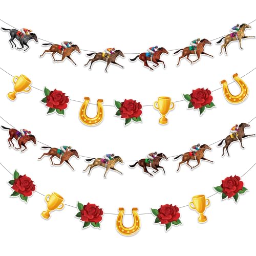 4Pcs Derby Decorations Garland, NO-DIY Derby Party Decorations 2024, Derby Day Holiday Party Supplies Banner, Horse Racing Banner Decorations Garland for Derby Party