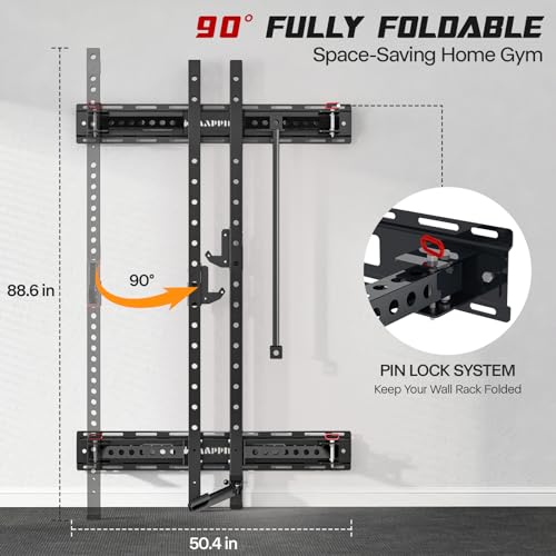 Mappding Folding Squat Rack Wall Mounted, 1100lbs Foldable Squat Power Rack Weight Cage with Pull Up Bar and Space Saving Free Standing for Home Gym Garage Workout, Black
