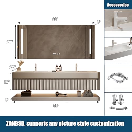 ZGNBSD Double Sink Bathroom Vanity - Solid Wood Bathroom Vanity with Smart Defog Mirror ＆ Light, Floating Double Sink Cabinet with Abundant Storage Space (92IN)