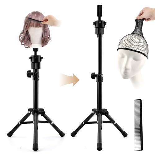Jeyntanc Wig Head Stand, Adjustable Mannequin Head Stand for Styling, Wig Stand Tripod for Cosmetology Hairdressing Training, with Wigs Caps, Comb, Storage Bag(COLOR:black)