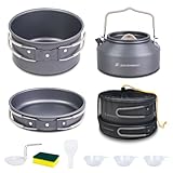 DINITHRON 10-Piece Camping Cookware Set with Anti-Scald Silicone Handles, Lightweight Non-Stick Aluminum Pots, Pans & 1.1L Kettle, Compact Mess Kit for Backpacking & Survival (650g)
