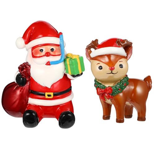 POPETPOP 2Pcs Christmas Aquarium Decorations- Resin Fish Tank Decoration Santa Claus Reindeer Micro Landscape Ornaments for Holiday Fish Tank Supplies Table Decor