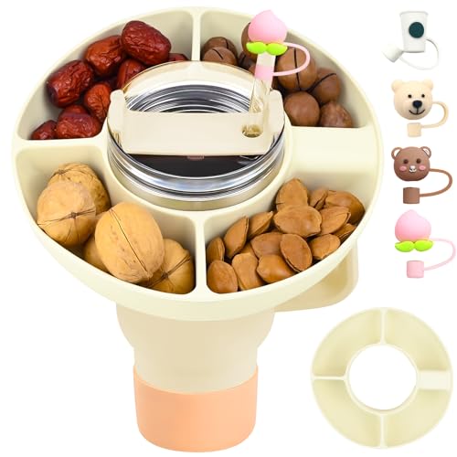 Snack Bowl Compatible with Stanley Cup 40 oz, 4 Compartment Snack Container with 4Straw Cover Caps, Reusable Silicone Tumbler Snack Tray Snack Storage Top Ring Candy Tray for Stanley Cup Accessories