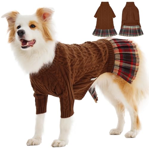 IECOii XL Dog Sweater Dress for Large Dogs Girl, Cable Knit Winter Dress for Female Dogs, Caramel,XLarge, Soft Girl Dog Sweater with Tartan Plaid Skirt Cute Turtleneck Knitwear for Cold Weat