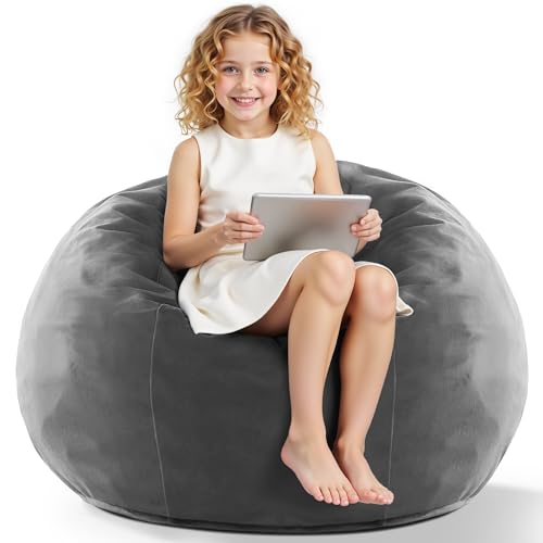 HABUTWAY 2FT Bean Bag Chair, 2' Beanbags Small Bean Bag Chairs with Filling, Teardrop Bean Bag Chair Luxurious Velvet Ultra Soft Fur with Removable Cover (Grey)