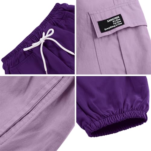 Image of SANGTREE Girl's&Women's 2 Packs Cargo Pants Elastic Waist Drawstring Tapered Multi Pockets Cargo Jogger Pants