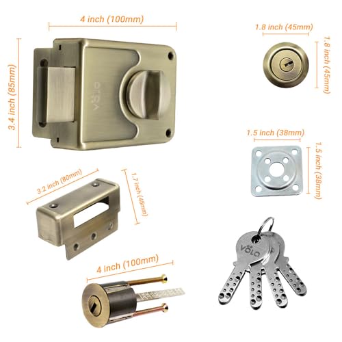 Image of VOLO Heavy Duty Tri-Bolt Rim Lock - Secure Dead Lock with Keys for Main Door, Single & Double Doors, Left & Right-Handed Use - Ideal for Home & Office (Pack of 1) (MT-04 (Antique))