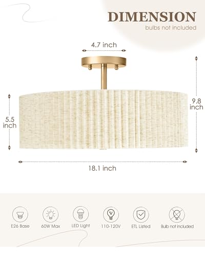 Image of Semi Flush Mount Ceiling Lights, 4-Light 18 inch Gold Light Fixtures Ceiling Mount with Pleated Linen Fabric Shade, Drum Lighting Fixture for Nursery Hallway Bedroom Kitchen, AD-25036-4SF-GD-B
