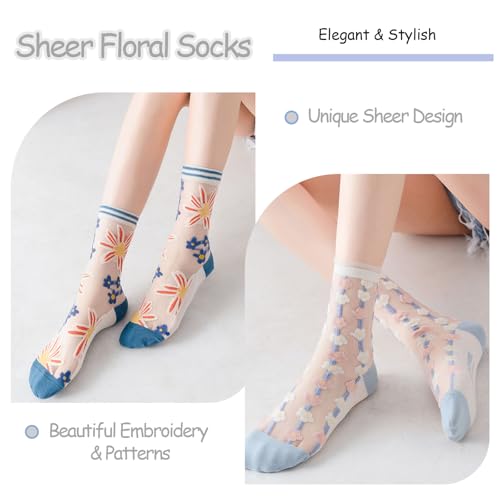 DXYAKY Women's Sheer Floral Embroidered Socks - Vintage Transparent Thin Mesh Crew Socks, Cute & Fashion Lace Aesthetic Ankle2