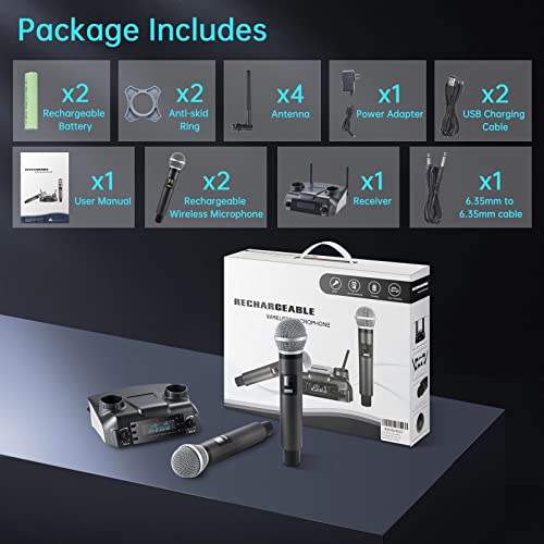Bekboes Professional Dual Dynamic Handheld Uhf Wireless Microphone System, Magnetic Inductive Wireless Charging, 165Ft Range For Home Karaoke/Meeting/Party/Church/Wedding #TOP6