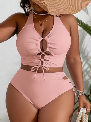 Image of SOLY HUX Women's Plus Size Bikini Set Sexy Swimsuit Lace Up Tummy Control 2 Piece Bathing Suit