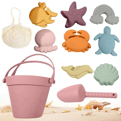 CLIUNT Juguetes de Arena de Silicona,10 Piezas Juego de Juguetes de Playa de Silicona, Juguetes de Playa de Silicona para Niños,con Bolsa de Malla,Cubo,Palas y 8 Moldes Criaturas Marinas