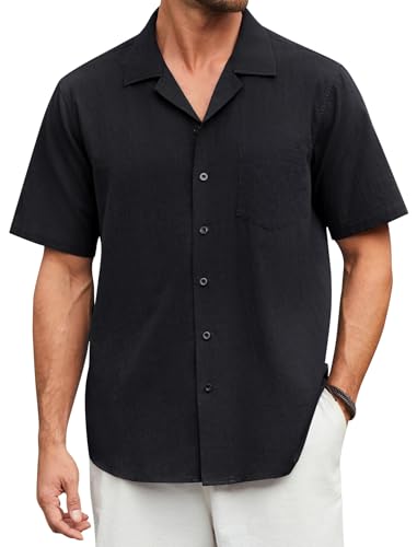 Enlision Chemise Noire Homme Lin Manches Courtes Été Leger Chemises sans Repassage Homme Décontractée Regular Chemisette Boutons d'affaires Classique pour...
