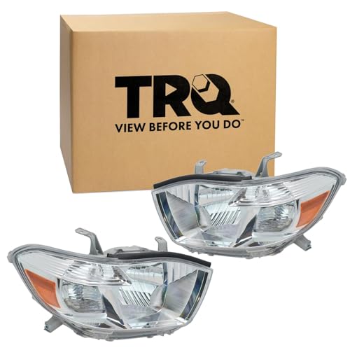 Image of TRQ 2 Piece Headlight Assembly Set Chrome Bezel Driver & Passenger Side Compatible with Toyota Highlander 2008-2010 TO2502176 TO2503176 8113048460 8113048470 8117048460