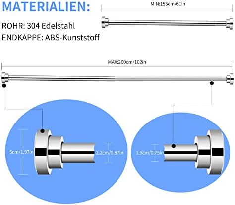 Extendable Shower Curtain Tension Rail Telescopic Shower Curtain Rod Stainless Steel No Drilling Shower Curtain Pole for Bathroom, Kitchen, Closet, Hanging Pole No Tool Require 155-260cm