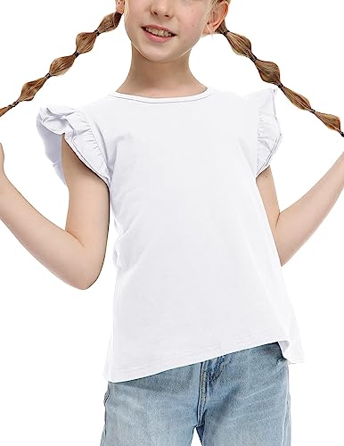 Flypigs Girls White T Shirts Flutter Sleeve Tops O Neck Short Sleeves Basic Tee Plain Cotton Blouse 4T-5T #TOP19