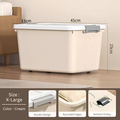 Image of KREPS Plastic Storage Bins With Latching Lids Stackable Containers, Large Storage Box For Bedroom, Basement, Classroom, Camping, Office (CREAM, X-LARGE - 18 X 12 X 9.5 INCH, PACK OF - 3)