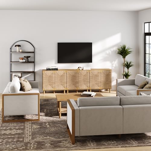 Image of Nathan James Beacon Accent Natural Sideboard Storage Cabinet TV Stand in Light Wood with Adjustable Interior Shelf and Seagrass Doors, for Hallway, Entryway or Dining Room, Light Brown, Set of 3