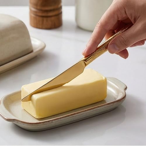 Image of Aurum Gold French Style Silverware | 5-Piece Hammered Dinner Knife Set with 2-in-1 Serrated Steak Knife | Stainless Steel Flatware | Elegant Cutlery for Home, Restaurants & Gifting