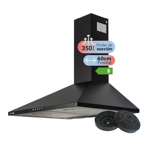 UNIVERSALBLUE Campana Extractora Piramidal Negra 60 cm | Extractor Aire y Humi para Cocina 350 m³/h | Luz Led + FIltros de Carbono | Clase B