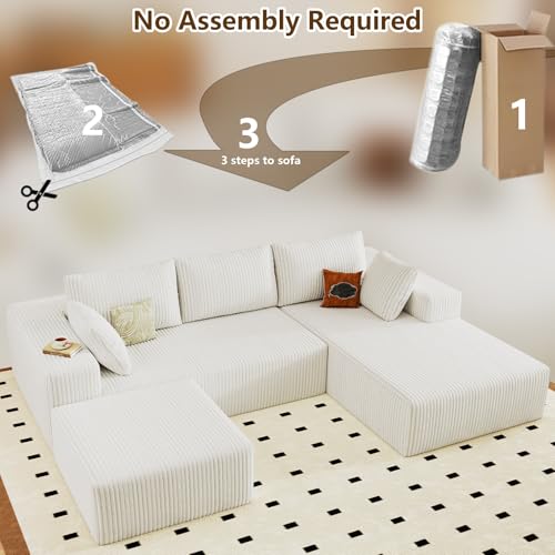 Image of 96 inch U-Shape Cloud Couch, Modern Modular Sectional L-Shape Sofa with Ottoman, Corduroy Upholstered Couches Deep Seat Sleeper Chaise Longue for Living Room, No Assembly Required(White, Right Facing)