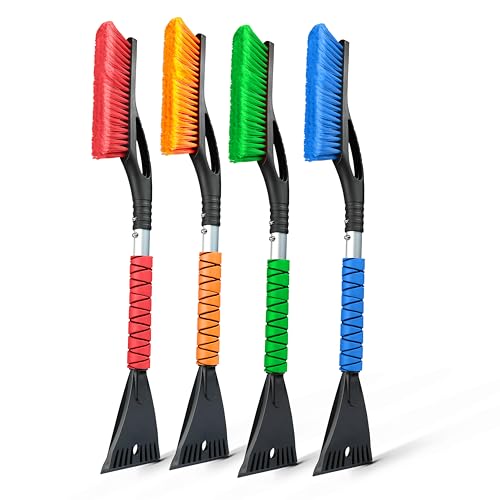 Image of EcoNour 27 inch Aluminum Snow Brush 4 Pack with Ice Scrapers for Car Windshield | For Car Window | Car Snow Scraper and Brush with Ergonomic Foam Grip Winter Accessories (Orange, Pink, Green, Blue)