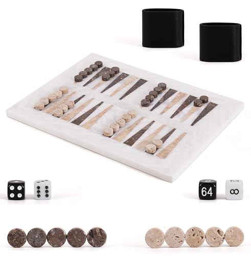 Marble Backgammon Set 16 Inches White Board with Oceanic & Travertine Playing Chips Luxury Backgammon Board Game with Dice & Pieces Family Game Night Décor Classic Strategy Board Games for Adults