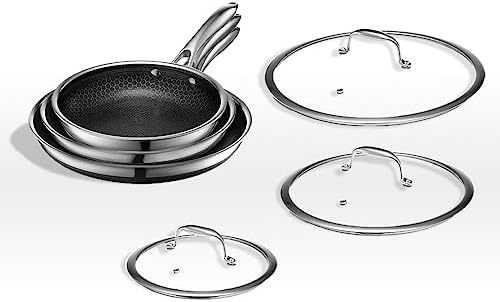 HexClad Hybrid Nonstick 6-Piece Fry Pan Set, 8, 10, and 12-Inch Frying Pans with Tempered Glass Lids, Stay-Cool Handles, Dishwasher-Friendly, Induction-Ready, Compatible with All Cooktops