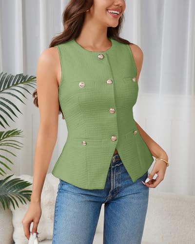 Women's Tweed Blazer Vest Sleeveless Button Front Casual Blazer Jackets Work Office Vest3